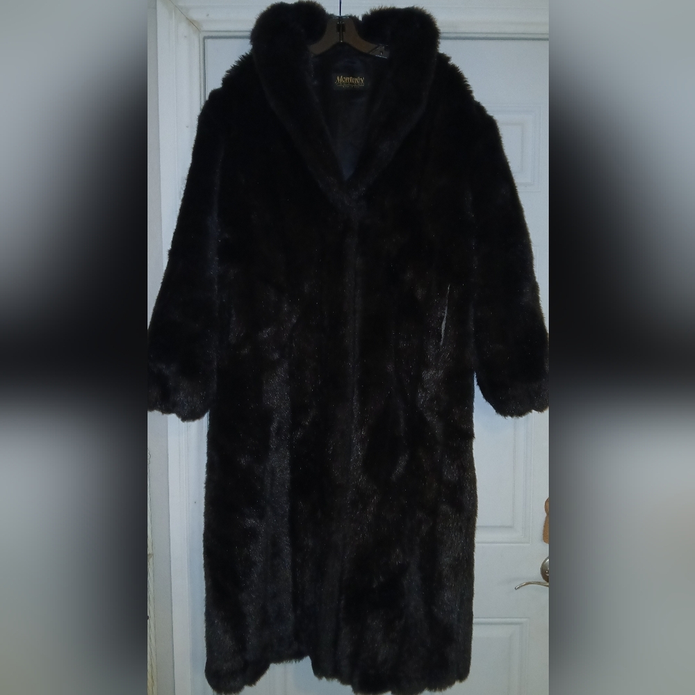 Vintage 80s Retro Monterey Fashions Faux Fur Black Cruella Trench Coat Med